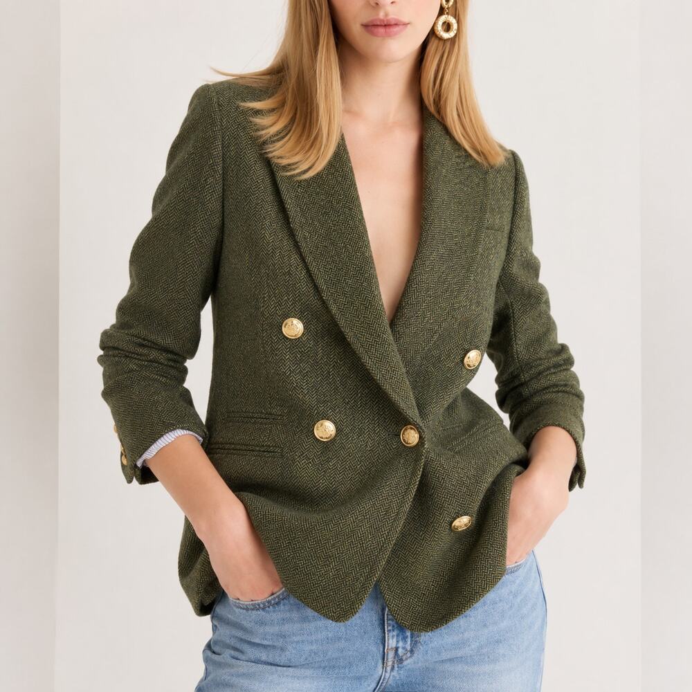 J Crew Bristol Double Breasted Blazer Herringbone English Wool Green Gold Size 6